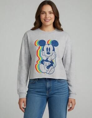 Disney Mickey Mouse Rainbow Sweatshirt Womens L Gray Cropped Graphic Pullover